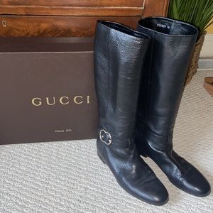 Gucci Black Leather Knee-High Heeled Boots